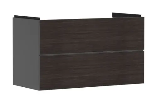 Waschtischunterschrank in schiefergrau mit zwei Schubkästen, entworfen von Hansgrohe. Das Möbelstück hat eine klare, moderne Linienführung und eignet sich für einen Waschtisch.